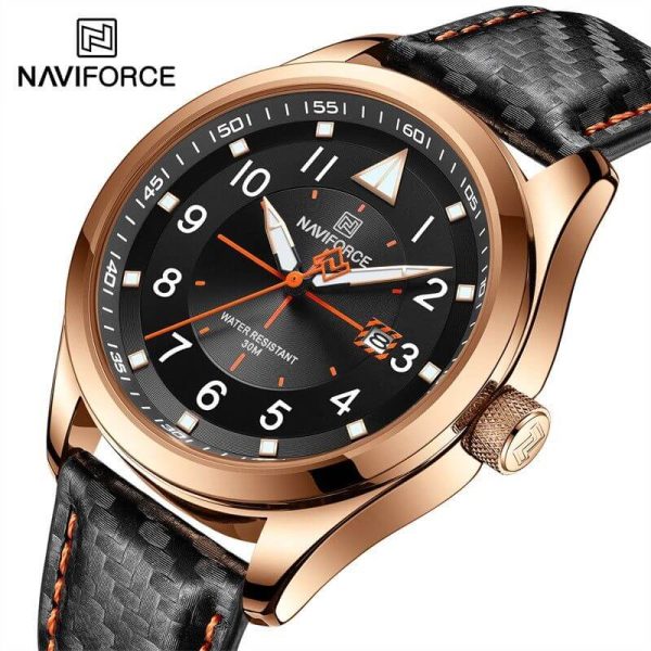 NaviForce NF8022 Men's Date Function Casual Leather Strap With Luminous Quartz Watch - Rosegold/Black