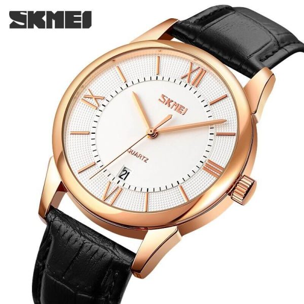 SKMEI 9261 Business Roman Numeral Classic Date Display Leather Strap Watch For Men - RoseGold/White