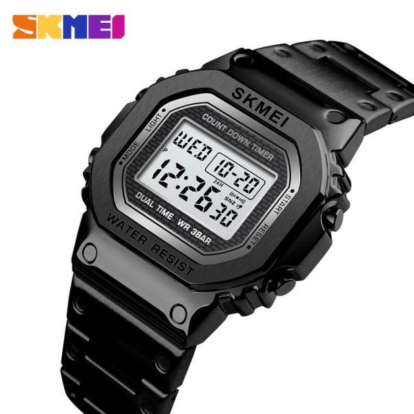 SKMEI 1456 Men's Stainless Steel Countdown Time Zone Waterproof LED Electronic Digital watch - Black