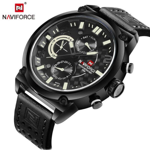 NAVIFORCE Nf9068 Chronograph Watch With Leather Strap For Men - Black/White