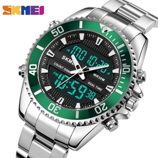 SKMEI 1850 Multifunction 3Time Analog Digital Stainless Steel watch For Men - Green/Silver