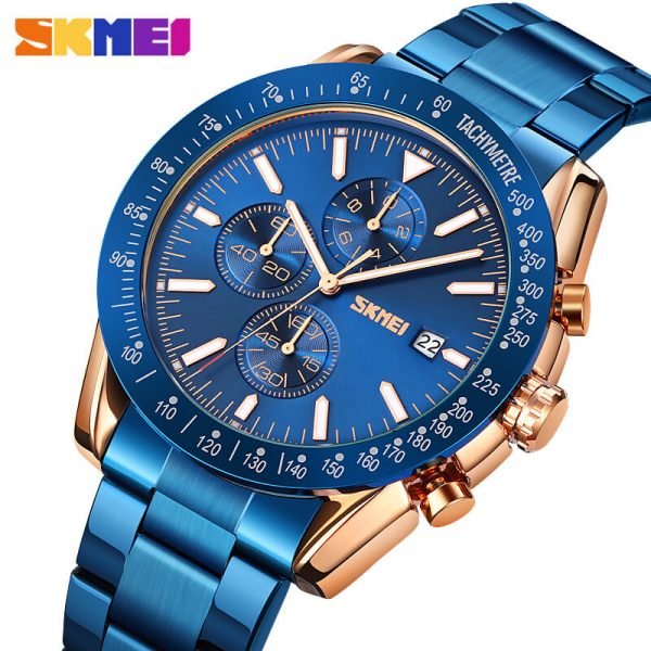 SKMEI 9253 Men's Top Luxury Chronograph Multifunction Stainless Steel Quartz Movement Watch - RoseGold/Blue