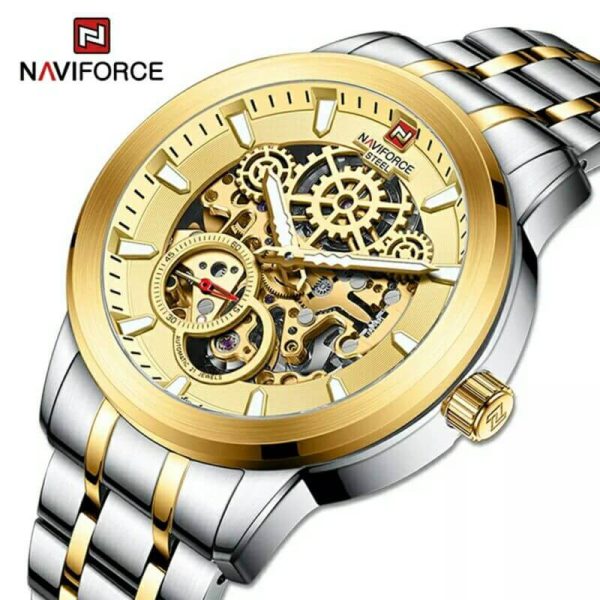 NaviForce NFS1002 Men's Self Winding Mechanical 10 ATM Waterproof Stainless Steel With Luminous Hands Chronograph Watch - Golden/Silver