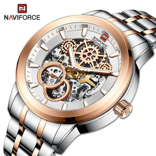 NaviForce NFS1002 Men's Self Winding Mechanical 10 ATM Waterproof Stainless Steel With Luminous Hands Chronograph Watch - Silver/Rosegold