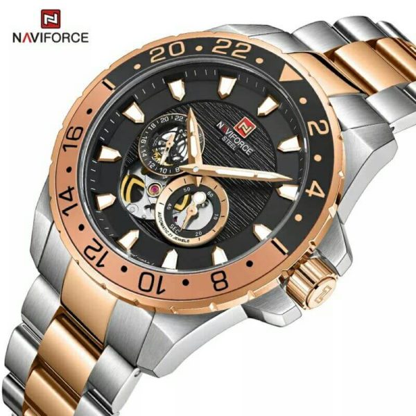 NaviForce NFS1003 Automatic Mechanical Movement Rotating Bezel Luminous 10 ATM Waterproof Watch For Men - Silver/Rosegold