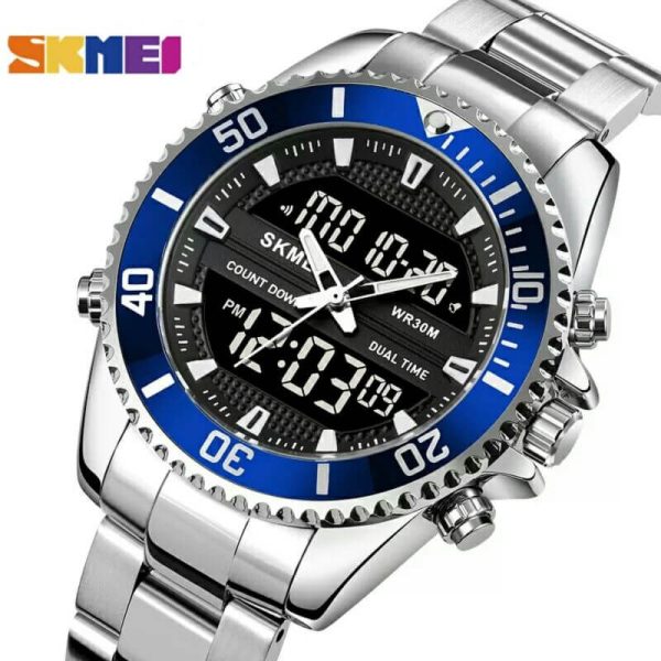 SKMEI 1850 Multifunction 3Time Analog Digital Stainless Steel watch For Men - Blue/Silver