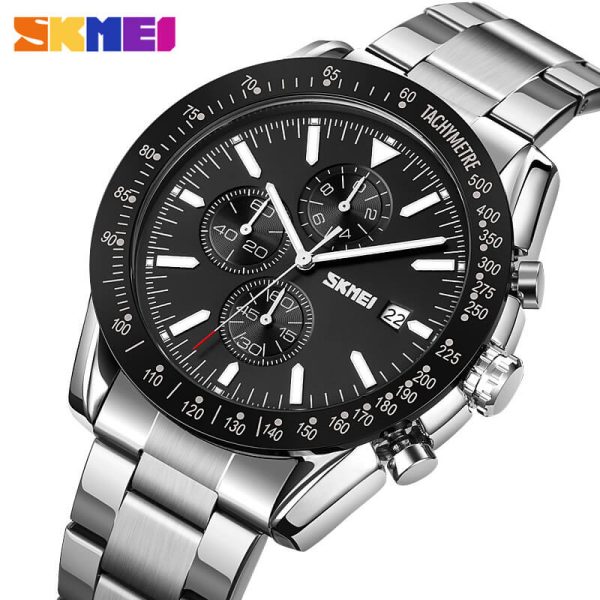 SKMEI 9253 Men's Top Luxury Chronograph Multifunction Stainless Steel Quartz Movement Watch - Black/Silver