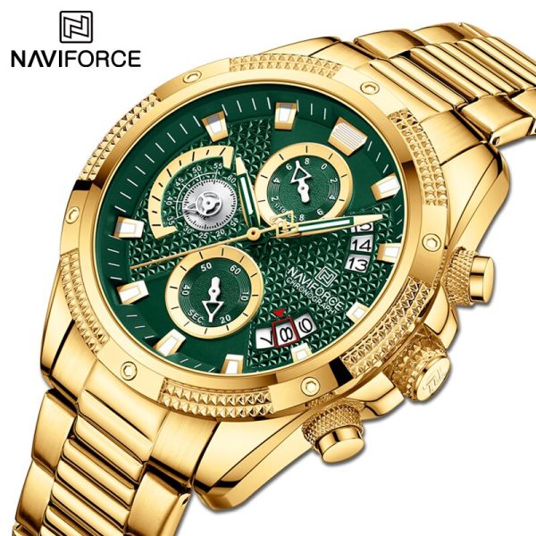 NaviForce NF8021 Men's Multifunction Date Display Stainless Steel With Luminous Hands Chronograph Watch - Green/Golden