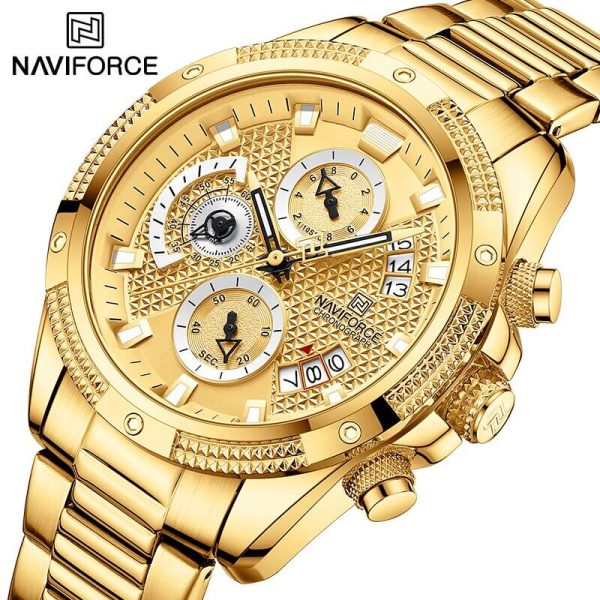 NaviForce NF8021 Men's Multifunction Date Display Stainless Steel With Luminous Hands Chronograph Watch - Golden