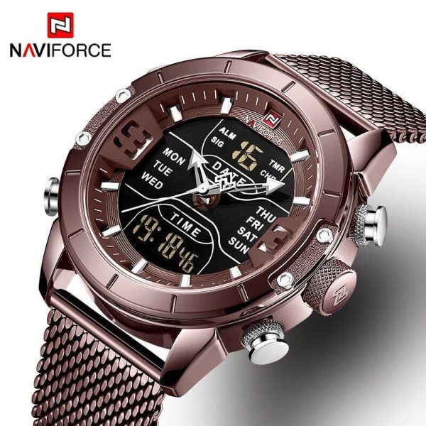 NAVIFORCE NF9153 Multi-Function Stainless Steel Mesh Digital/Analog Watch For Men – Coffee