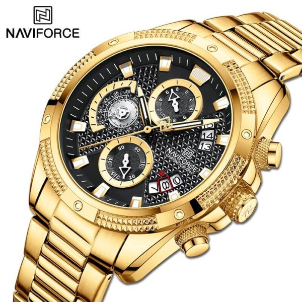 NaviForce NF8021 Men's Multifunction Date Display Stainless Steel With Luminous Hands Chronograph Watch - Black/Golden