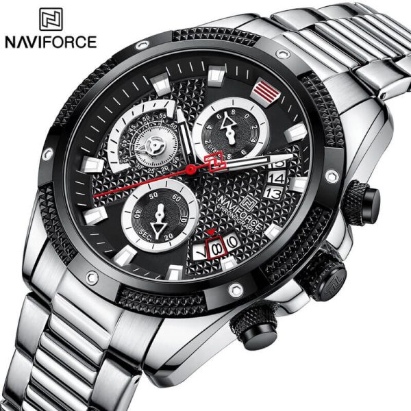 NaviForce NF8021 Men's Multifunction Date Display Stainless Steel With Luminous Hands Chronograph Watch - Black/Silver