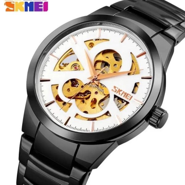 SKMEI 9243 Casual Men's Automatic Mechanical Fashion Hollow Dial Stainless Steel Strap Watch - Black/White