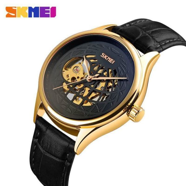 SKMEI 9209 Men's Automatic Hollowing Mechanical Fashion Business Leather Strap Watch - Black