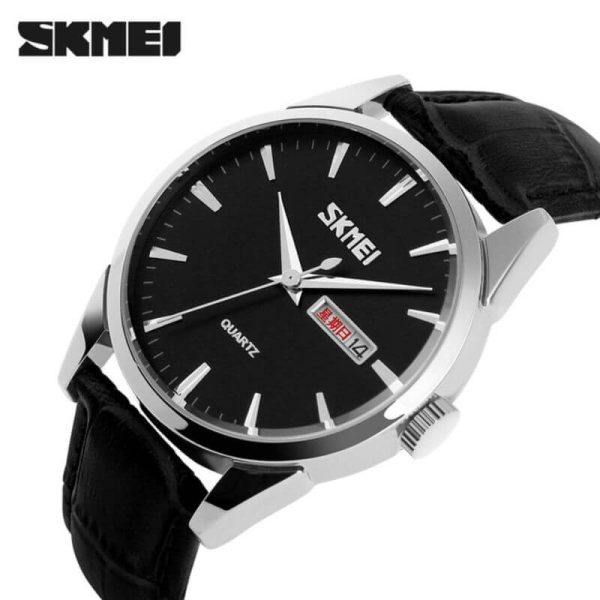 SKMEI 9073 Classic Luxury Day Date Display Stick Index Leather Strap Quartz Watch For Men - Silver/Black