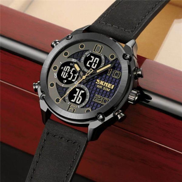 SKMEI 1975 Fashion 3 Time Dual Movement Multifunction LED Light Sport Leather Strap Watch -  Black - Image 2