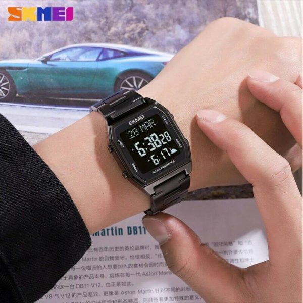 SKMEI 1735 LED Dual Time Digital Retro Fashion Stainless Steel Wrist Watch For Men - Black - Image 2