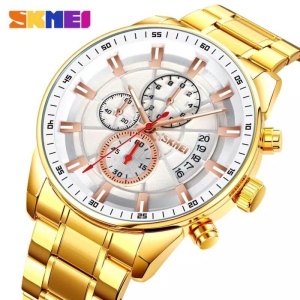 SKMEI 9285 Men's Business Multifunction Date Display Chronograph Stainless Steel Watch - Golden/White