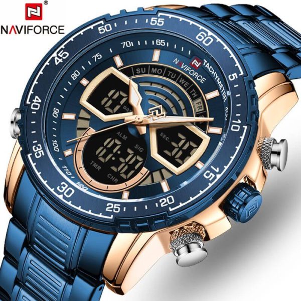 NAVIFORCE NF9189 Stainless Steel Dual Movement Digital Analog Dark Night Display Quartz Watch For Men - Blue