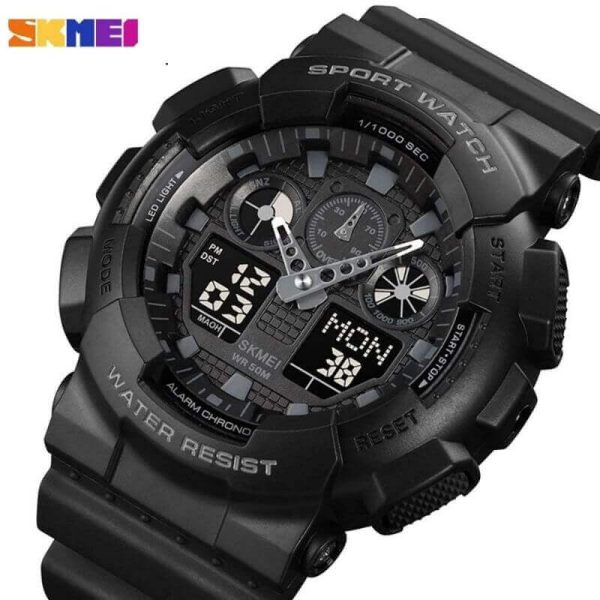 SKMEI 1832 Analog Digital Dual Display  Sport Chronograph LED Light Display Watch For Men - Black