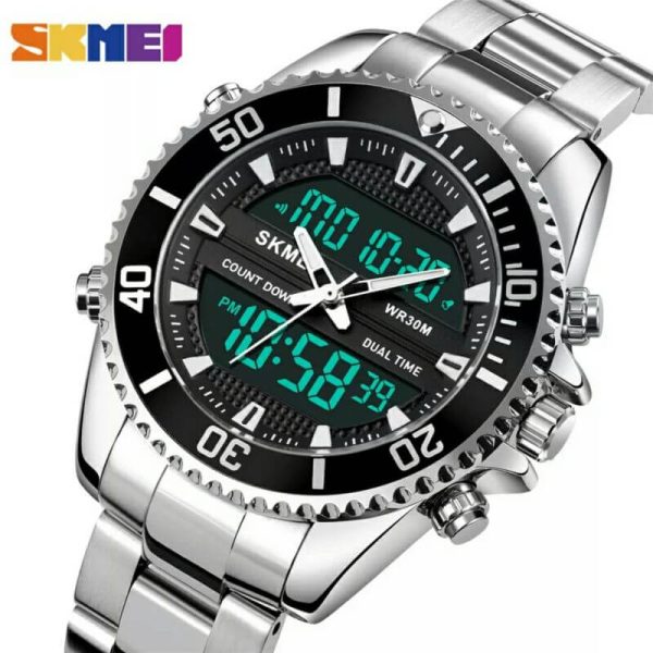 SKMEI 1850 Multifunction 3Time Analog Digital Stainless Steel watch For Men - Black/Silver