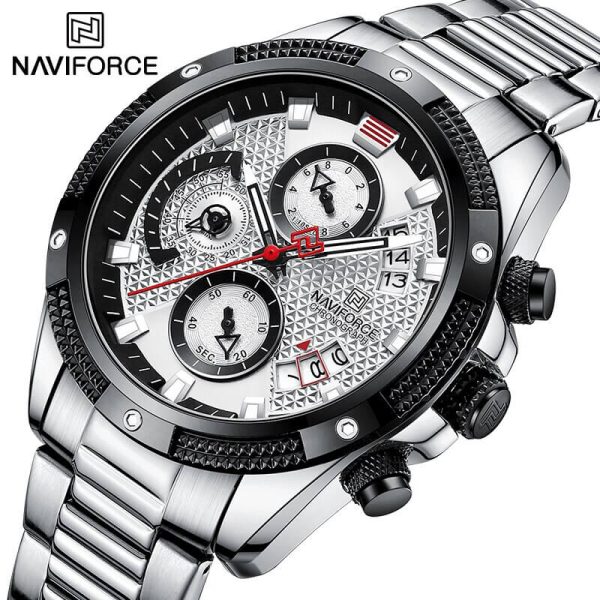 NaviForce NF8021 Men's Multifunction Date Display Stainless Steel With Luminous Hands Chronograph Watch - White/Silver