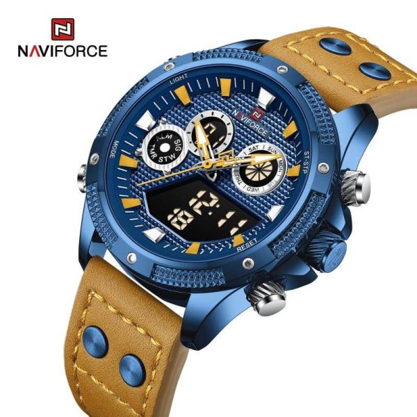 NaviForce NF9224 Fashion Sport Dual Display Multifunction Luminous Leather Strap Watch For Men - Blue/Brown