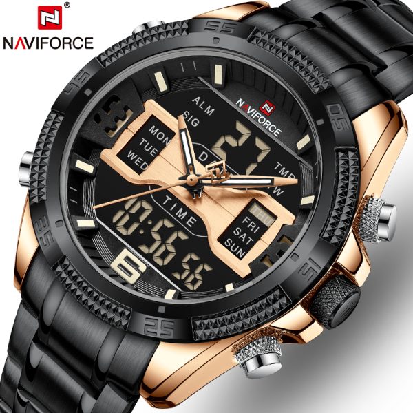 NaviForce NF9201 Men's Digital Analog Stainless Steel Complete Calendar Watch - Rosegold/Black