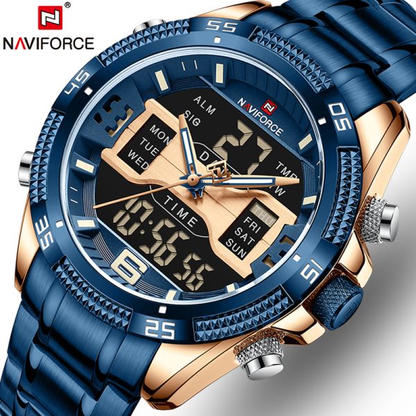 NaviForce NF9201 Men's Digital Analog Stainless Steel Complete Calendar Watch - Rosegold/Blue