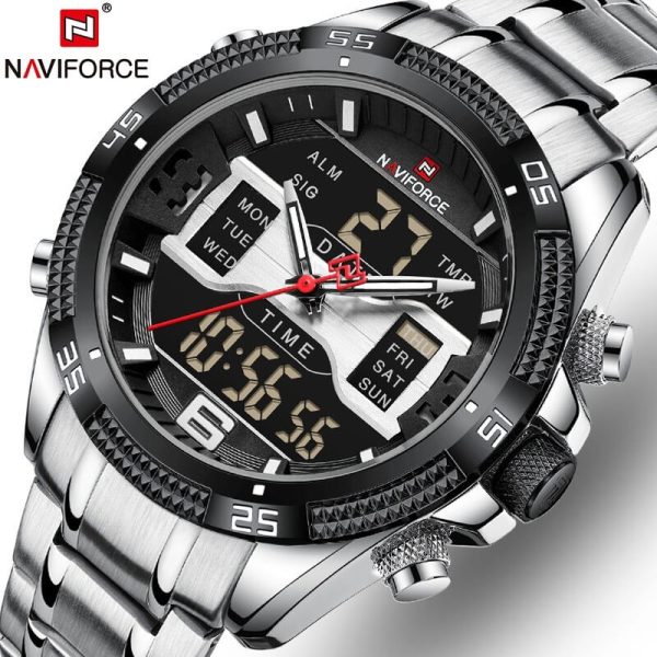 NaviForce NF9201 Men's Digital Analog Stainless Steel Complete Calendar Watch - Black/Silver