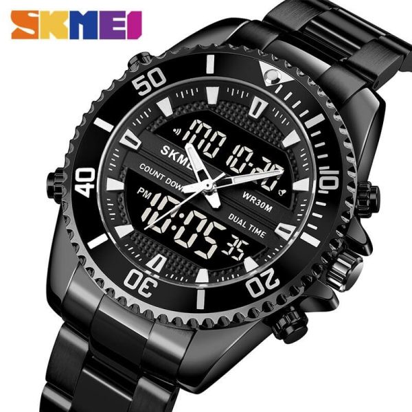 SKMEI 1850 Multifunction 3Time Analog Digital Stainless Steel watch For Men - Black