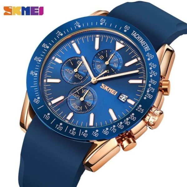 SKMEI 9253 Men's Top Luxury Chronograph Multifunction Silicone Strap Quartz Movement Watch - RoseGold/Blue