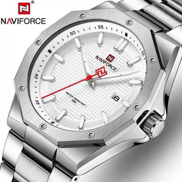 NAVIFORCE NF9200 Men's Quartz Polygon Vogue Stainless Steel Date Function Watch - White/Silver