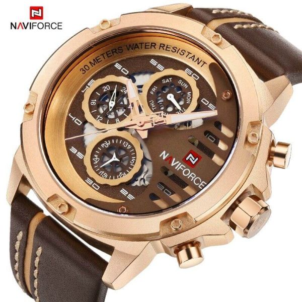 NAVIFORCE NF9110 Luxury Chronograph Analog Quartz Leather Casual Watch For Men - Golden/Brown