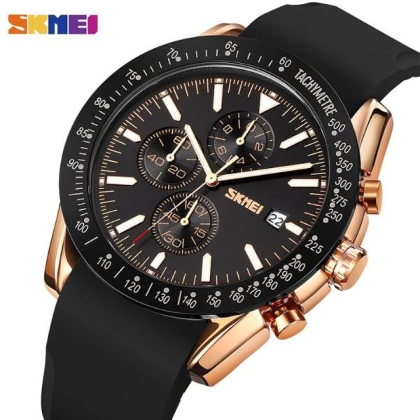 SKMEI 9253 Men's Top Luxury Chronograph Multifunction Silicone Strap Quartz Movement Watch - RoseGold/Black