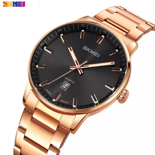 SKMEI 1878 Casual Date Display Stainless Steel Quartz Wristwatch For Men - RoseGold