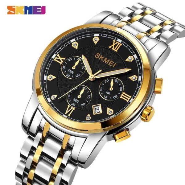 SKMEI 1904 Men's Business Chronograph Quartz Movement Date Display Diamond Stainless Steel Wristwatch - Black/Silver