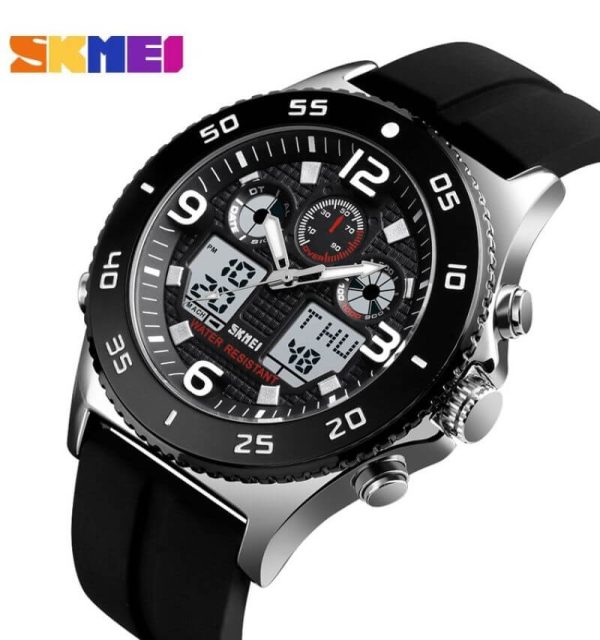 SKMEI 1538 Multifunction Casual Dual Display Waterproof Silicone Strap Quartz Stopwatch For Men - Black/Silver