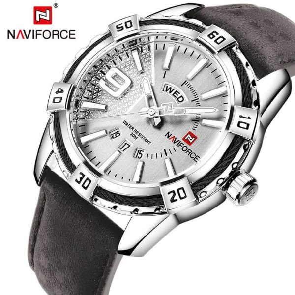 NaviForce NF9117L Date/Day Function Analog Watch For Men- Silver/Brown