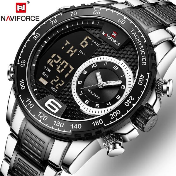 NAVIFORCE NF9199 Double Display LCD Chronograph Stainless Steel Wristwatch For Men - Black/Silver