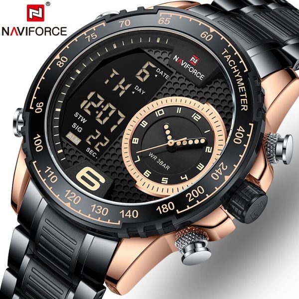 NAVIFORCE NF9199 Double Display LCD Chronograph Stainless Steel Wristwatch For Men - Rosegold/Black