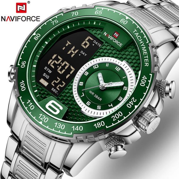 NAVIFORCE NF9199 Double Display LCD Chronograph Stainless Steel Wristwatch For Men - Green/Silver