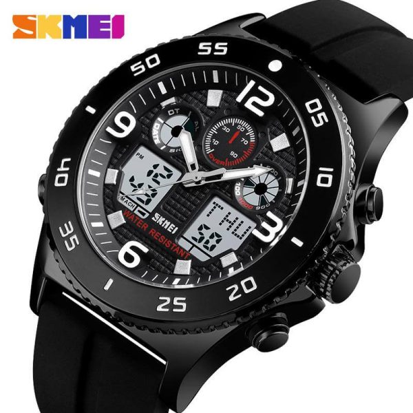 SKMEI 1538 Multifunction Casual Dual Display Waterproof Silicone Strap Quartz Stopwatch For Men - Black