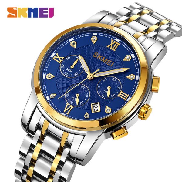 SKMEI 1904 Men's Business Chronograph Quartz Movement Date Display Diamond Stainless Steel Wristwatch - Blue/Silver