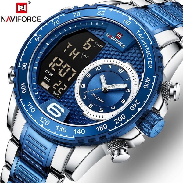 NAVIFORCE NF9199 Double Display LCD Chronograph Stainless Steel Wristwatch For Men - Blue/Silver