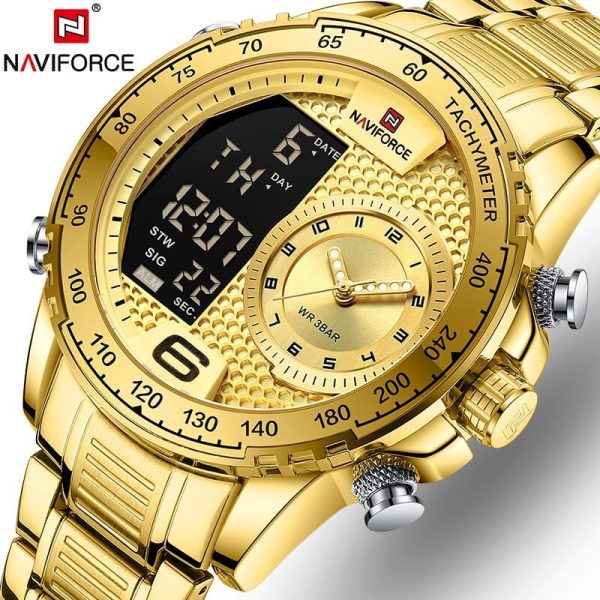 NAVIFORCE NF9199 Double Display LCD Chronograph Stainless Steel Wristwatch For Men - Golden