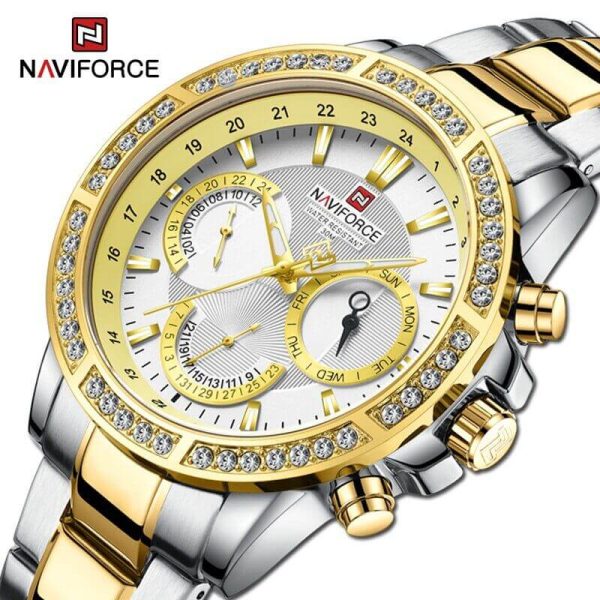 NAVIFORCE NF9196 Men's Quartz Stainless Steel Diamond Chronograph Complete Calendar Wristwatch  - Golden/Silver