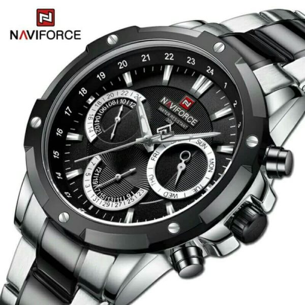 NAVIFORCE NF9196 Men's Quartz Stainless Steel Chronograph Complete Calendar Wristwatch - Black/Silver