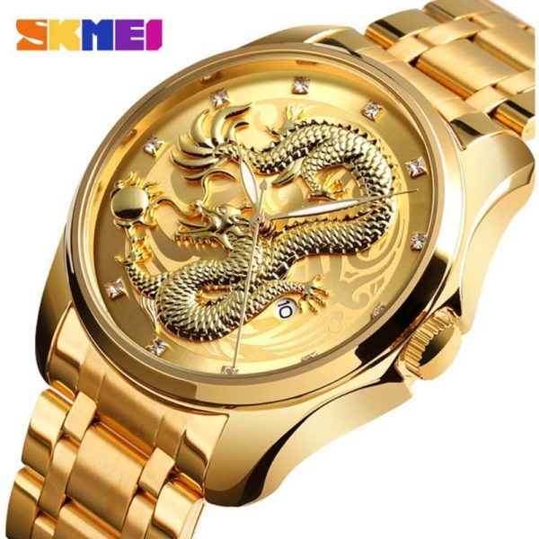 SKMEI 9193 Dragon Quartz Luxury Stainless Steel Alloy Business Waterproof Wristwatches For Men - Golden