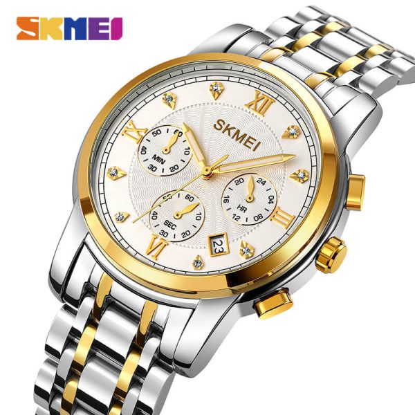 SKMEI 1904 Men's Business Chronograph Quartz Movement Date Display Diamond Stainless Steel Wristwatch - Silver